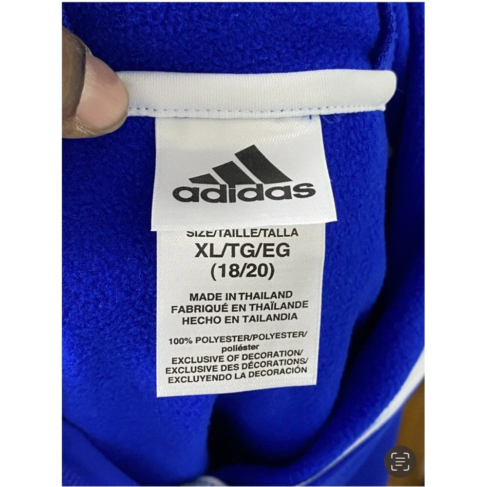 Adidas Boys Hoodie Pullover‎ Jacket Blue Logo Spell Out 3 Stripes Pocket Size XL